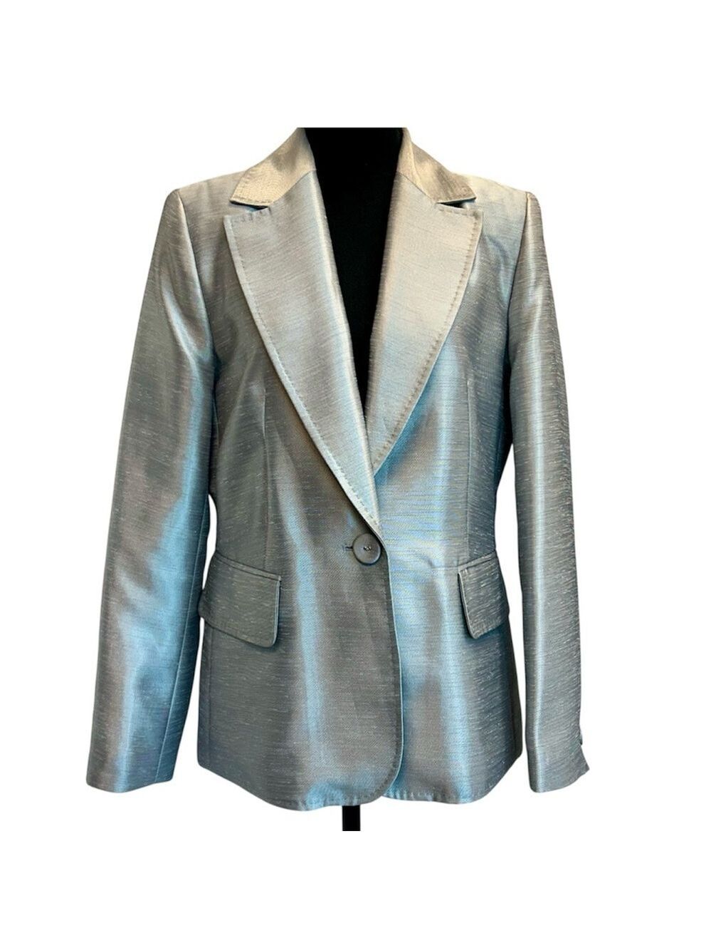 Melanie Lyne metallic silver gray single breasted tailored cinched blazer jacket